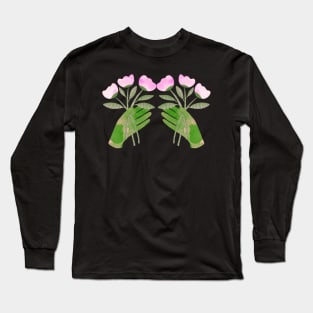 Green hand with pink flowers for you on black Long Sleeve T-Shirt